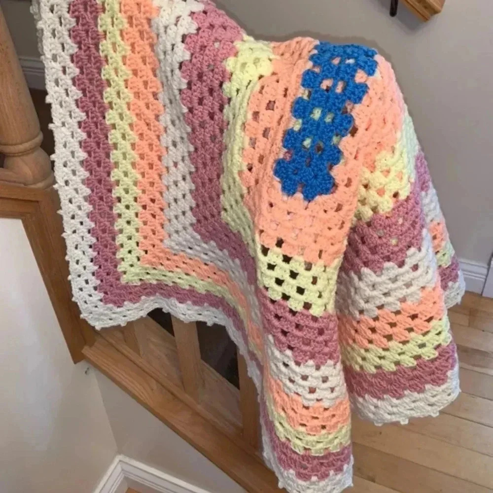 Handmade Crocheted Afghan Crib Or Lap Blanket 34x 58” Peach Purple Blue
